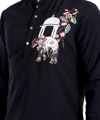 Black faux polyester plain kurta pajama with embroidery work 2
