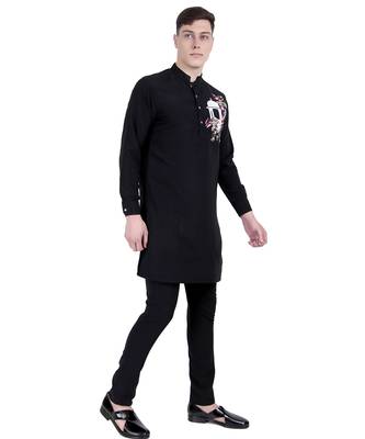 Black faux polyester plain kurta pajama with embroidery work 3