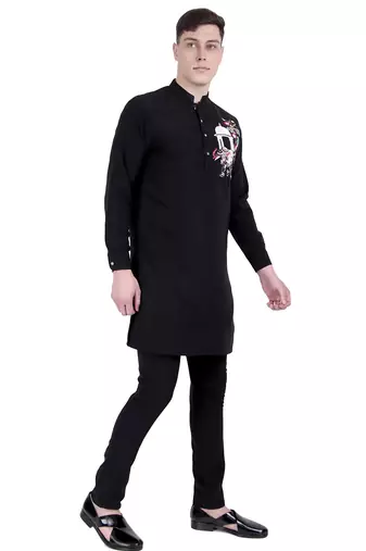 Black faux polyester plain kurta pajama with embroidery work