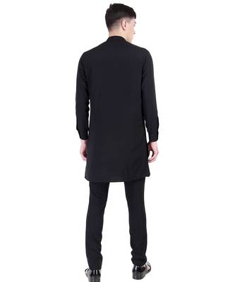 Black faux polyester plain kurta pajama with embroidery work 4