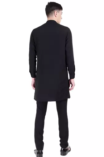 Black faux polyester plain kurta pajama with embroidery work