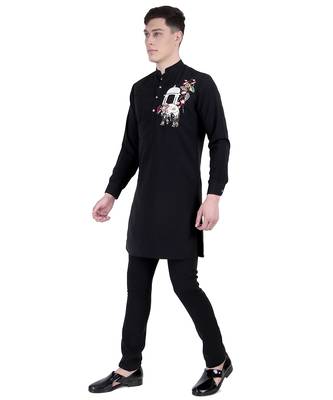 Black faux polyester plain kurta pajama with embroidery work 5