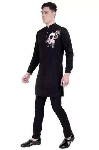 Black faux polyester plain kurta pajama with embroidery work