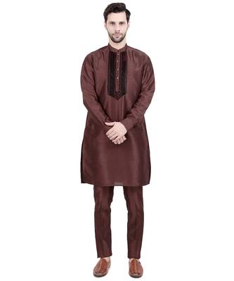 Brown faux silk plain kurta pajama 1