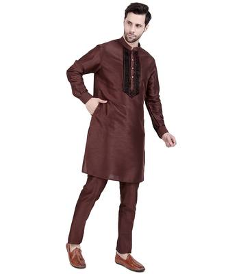 Brown faux silk plain kurta pajama 3