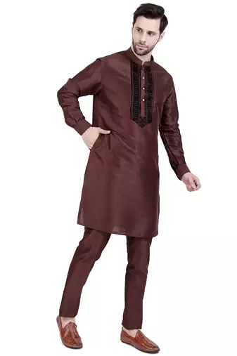Brown faux silk plain kurta pajama