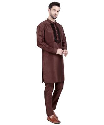 Brown faux silk plain kurta pajama 4