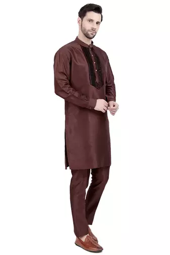 Brown faux silk plain kurta pajama