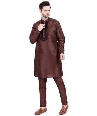 Brown faux silk plain kurta pajama 5