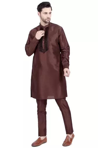 Brown faux silk plain kurta pajama