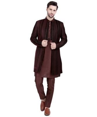 Brown velvet plain kurta pajama with embroidered jacket 1