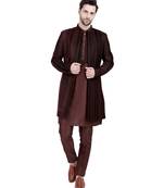 Brown velvet plain kurta pajama with embroidered jacket