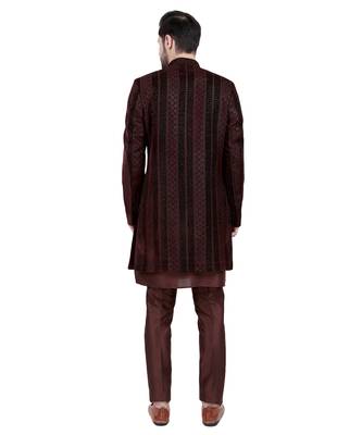Brown velvet plain kurta pajama with embroidered jacket 2