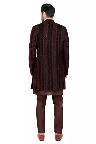 Brown velvet plain kurta pajama with embroidered jacket