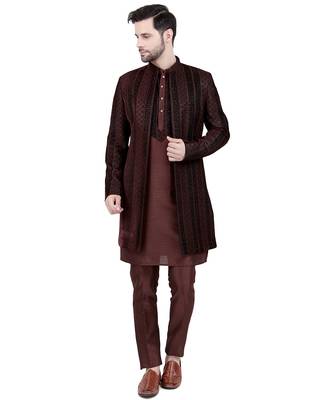 Brown velvet plain kurta pajama with embroidered jacket 3