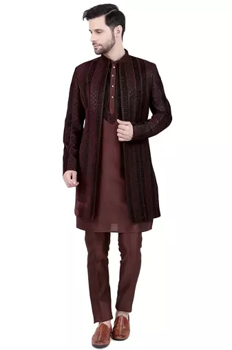 Brown velvet plain kurta pajama with embroidered jacket