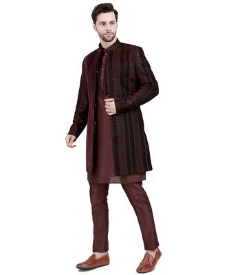 Brown velvet plain kurta pajama with embroidered jacket 4