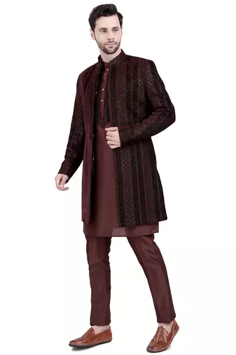 Brown velvet plain kurta pajama with embroidered jacket