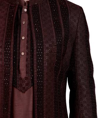 Brown velvet plain kurta pajama with embroidered jacket 5