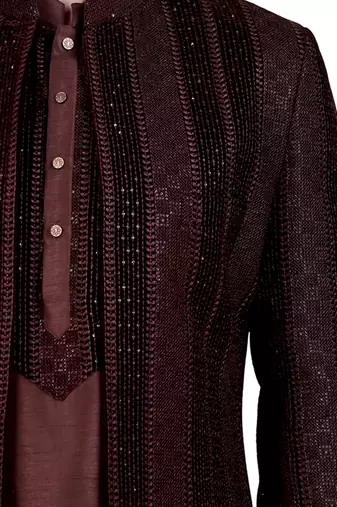 Brown velvet plain kurta pajama with embroidered jacket