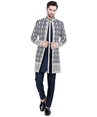 Blue faux silk plain kurta pajama with sequin embroidered jacket 1