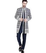 Blue faux silk plain kurta pajama with sequin embroidered jacket