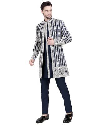 Blue faux silk plain kurta pajama with sequin embroidered jacket 2