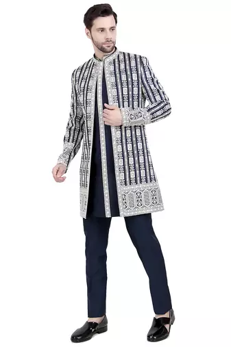 Blue faux silk plain kurta pajama with sequin embroidered jacket