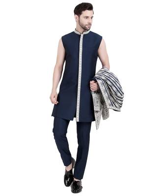 Blue faux silk plain kurta pajama with sequin embroidered jacket 4
