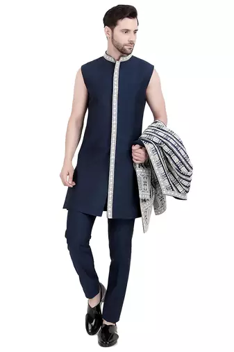 Blue faux silk plain kurta pajama with sequin embroidered jacket
