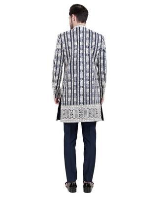Blue faux silk plain kurta pajama with sequin embroidered jacket 5