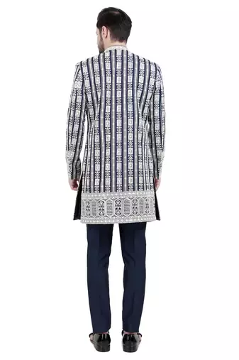 Blue faux silk plain kurta pajama with sequin embroidered jacket