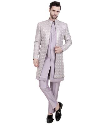 Purple faux silk plain kurta pajama with sequin embroidered jacket 1