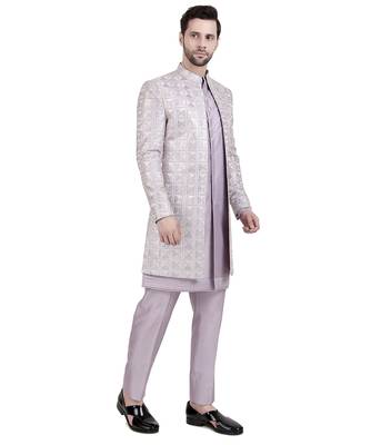 Purple faux silk plain kurta pajama with sequin embroidered jacket 2