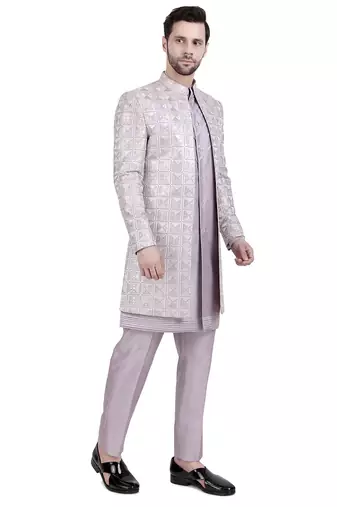 Purple faux silk plain kurta pajama with sequin embroidered jacket