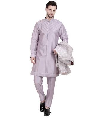 Purple faux silk plain kurta pajama with sequin embroidered jacket 3