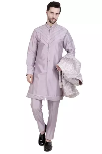 Purple faux silk plain kurta pajama with sequin embroidered jacket