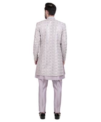 Purple faux silk plain kurta pajama with sequin embroidered jacket 4