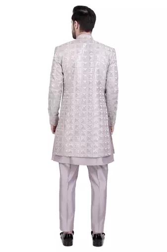 Purple faux silk plain kurta pajama with sequin embroidered jacket
