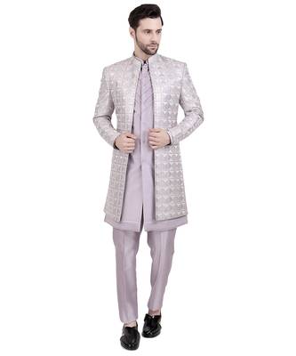 Purple faux silk plain kurta pajama with sequin embroidered jacket 5