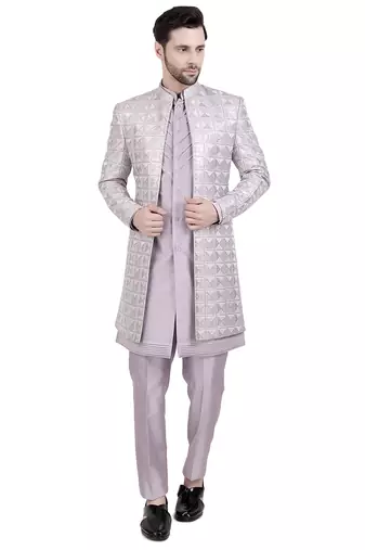 Purple faux silk plain kurta pajama with sequin embroidered jacket