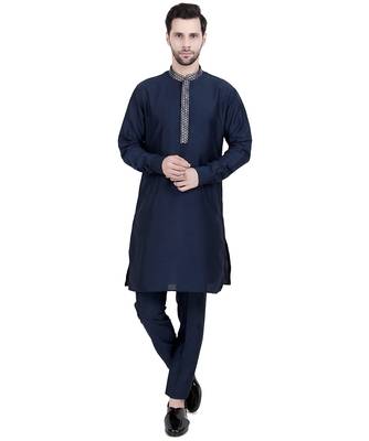 Blue faux silk plain kurta pajama 1
