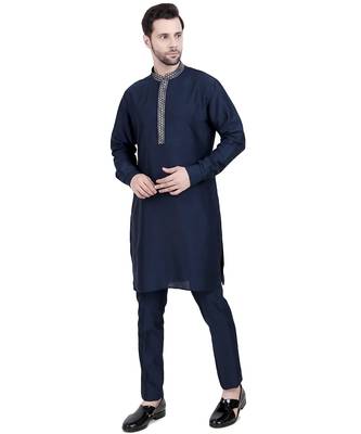 Blue faux silk plain kurta pajama 4