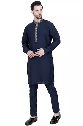 Blue faux silk plain kurta pajama