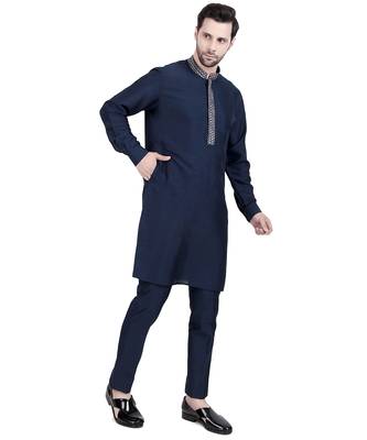 Blue faux silk plain kurta pajama 5