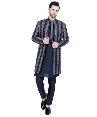 Blue faux silk plain kurta pajama with embroidered jacket 1