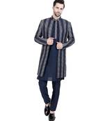 Blue faux silk plain kurta pajama with embroidered jacket