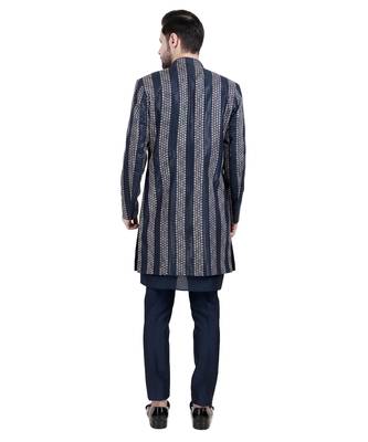 Blue faux silk plain kurta pajama with embroidered jacket 2