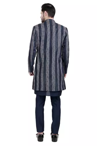 Blue faux silk plain kurta pajama with embroidered jacket