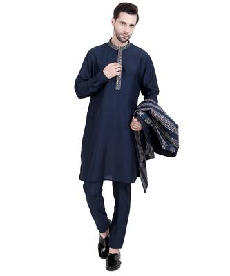 Blue faux silk plain kurta pajama with embroidered jacket 3